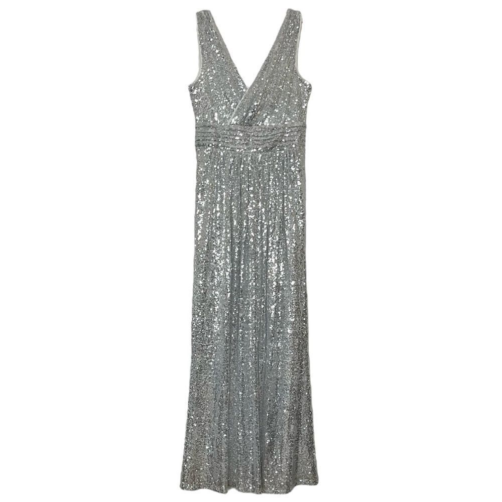 Kate Kasin Sequin Dress Full Maxi Length Cocktail Sleeveless V Neck Silver 2 XS